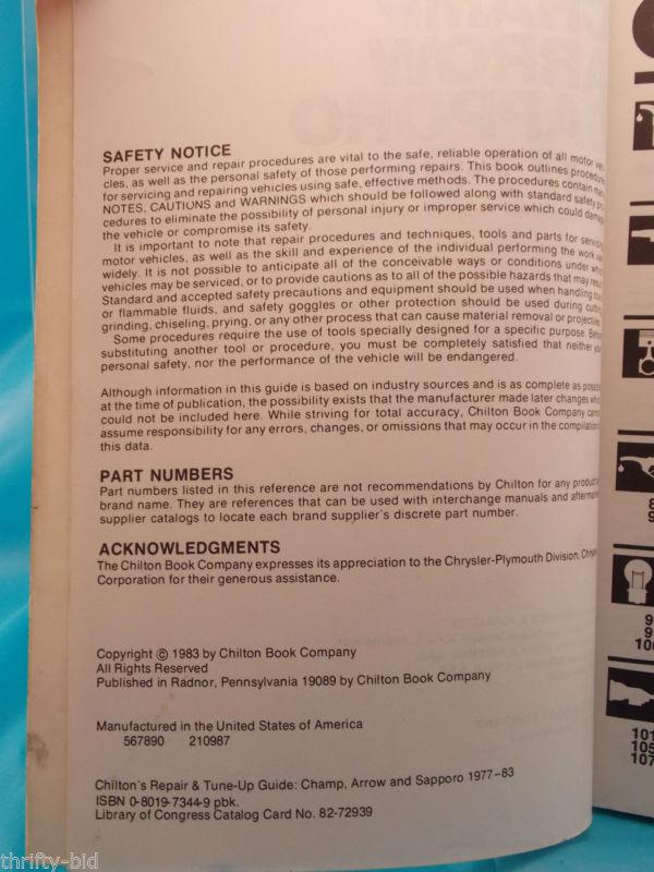 Chilton's Champ Arrow Sapporo Repair & Tune-up Guide Manual 1977 - 83 1983, US $8.95, image 3