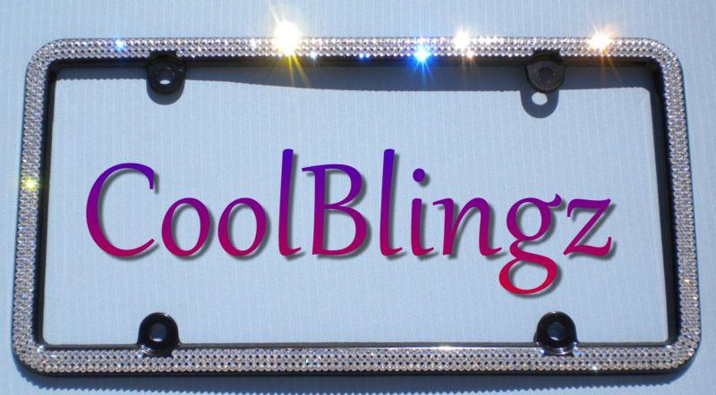 3 row crystal rhinestone license plate black frame made with swarovski elements