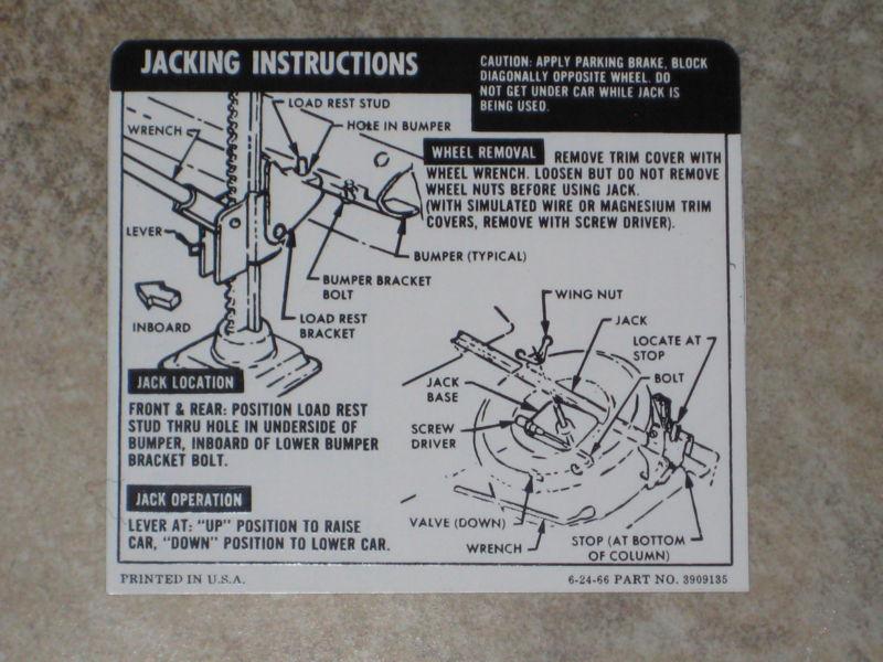 1968 camaro convertible car jacking instructions decal 1967 nos oem 3909135