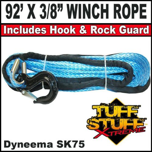 Blue 92' x 3/8" synthetic dyneema winch rope cable with black hook &amp; rock guard