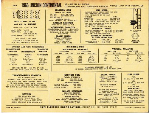 1966 lincoln continental v8 462ci 460 engine car sun electronic spec sheet