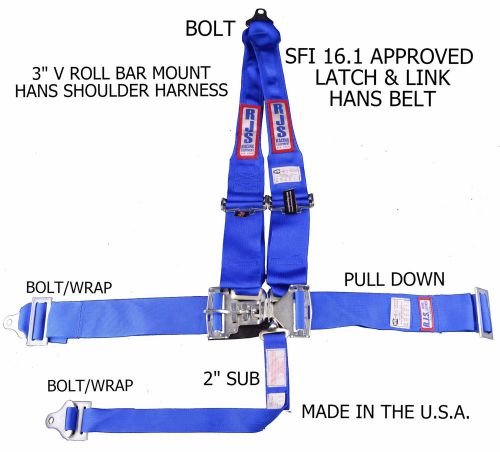 Rjs racing sfi 16.1 5 point hans latch &amp; link v roll bar mount belt blue 1140103