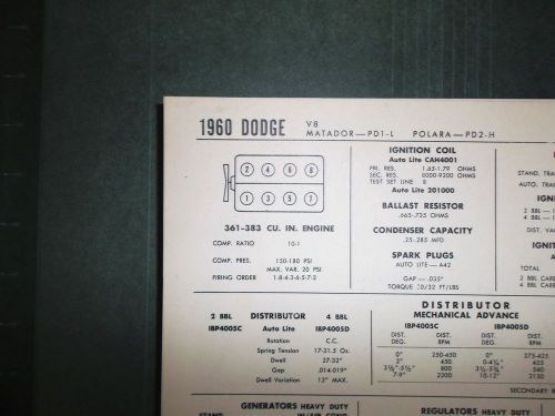 1960 dodge eight series matador-pd1-l polara-pd2-h 361 &amp; 383 ci v8 tune up chart