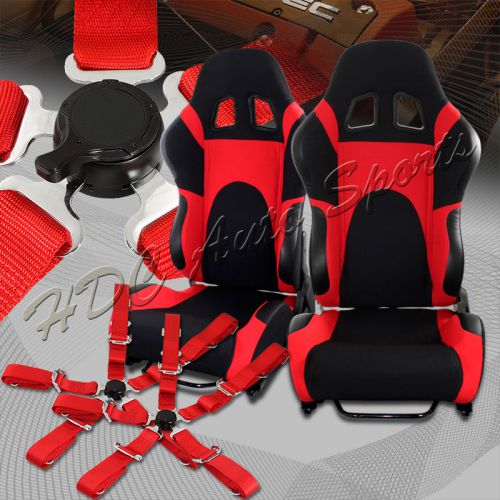 Black/red type-6 fully adjustable cloth bucket racing seats+5pt red seat belts