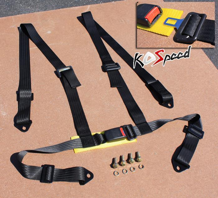 Universal 2" strap 4-pt point black nylon racing seat belt buckle harness safety