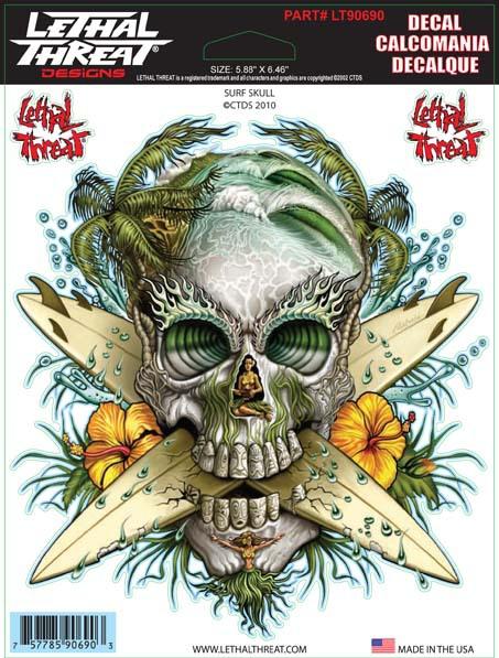 Surf skull surfboard island hula girl tiki sticker/decal car rv lethal threat
