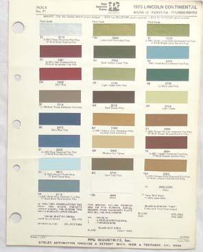 1975  lincoln  ppg  color paint chip chart all models  original