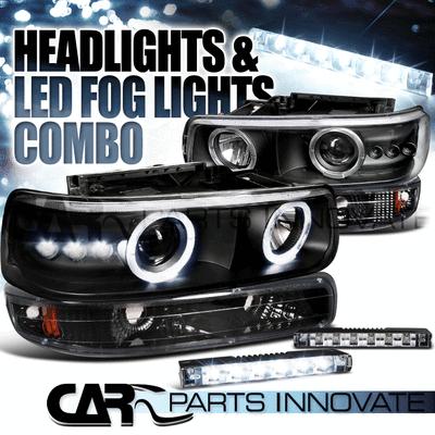 Black chevy silverado halo projector headlights+bumper lamps+6-led fog lights