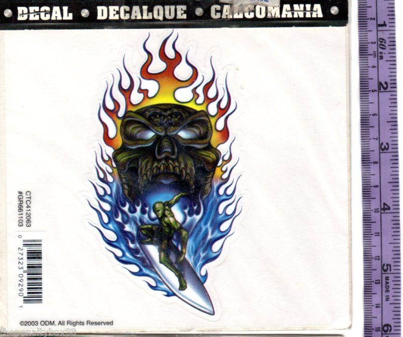 5" car decal black skull flames surfer surf board motorcyle boat laptop sticker