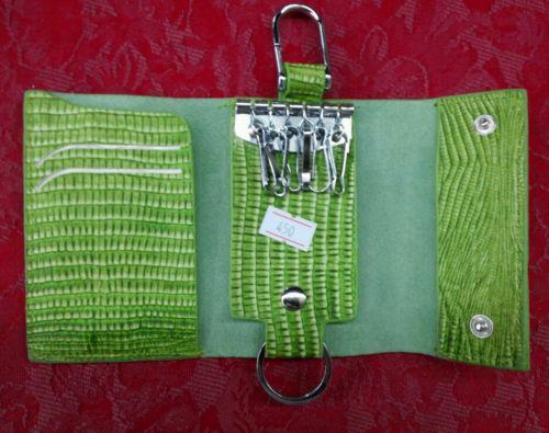 Green leather key case chain holder bag ring & button 
