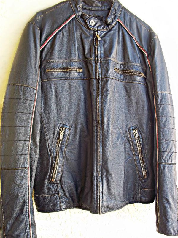 Wilson large mens leather jacket motorcycle punk rock distressed moto piping 