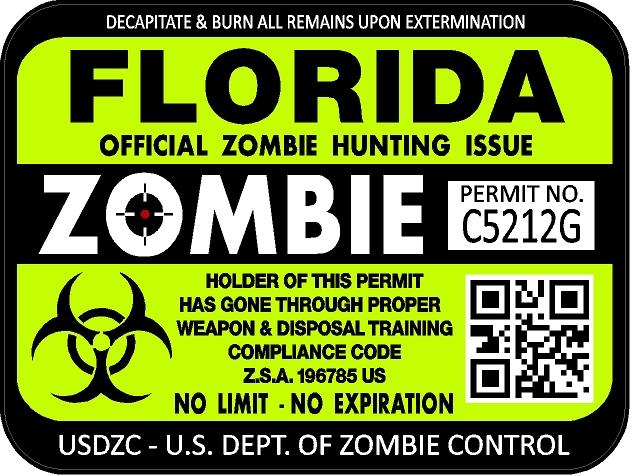Florida zombie hunting license permit 3"x4" decal sticker outbreak 1219