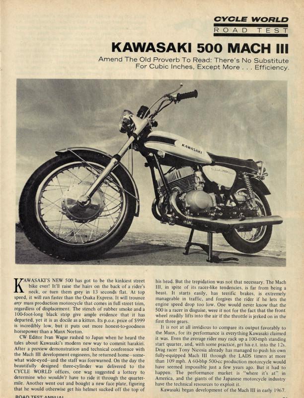 1969 kawasaki 500 mach 3 iii motorcycle road test with dyno specs 7 pages