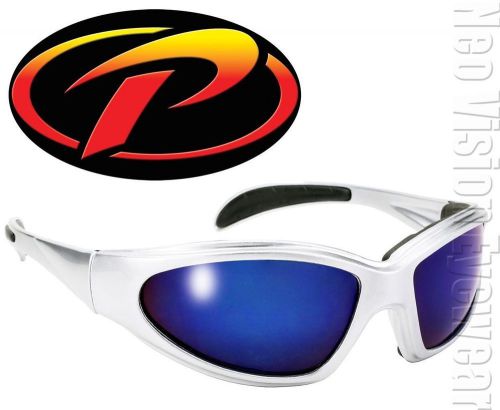 Chopper blue mirror lenses silver padded motorcycle sunglasses with pouch