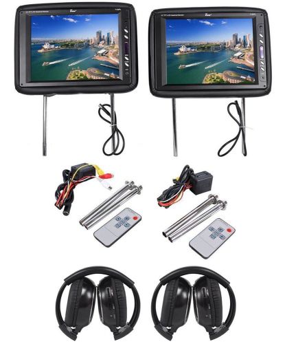 Pair tview t120pl-bk 12&#034; black tft car headrest monitors + 2 wireless headphones