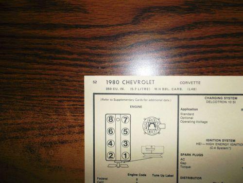 1980 chevrolet corvette series models l-48 350 v8 4bbl sun tune up chart great!