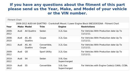 2009-2012 AUDI A4 QUATTRO - Crankshaft Mount / Lower Engine Block 06E103032AA, US $154.69, image 4