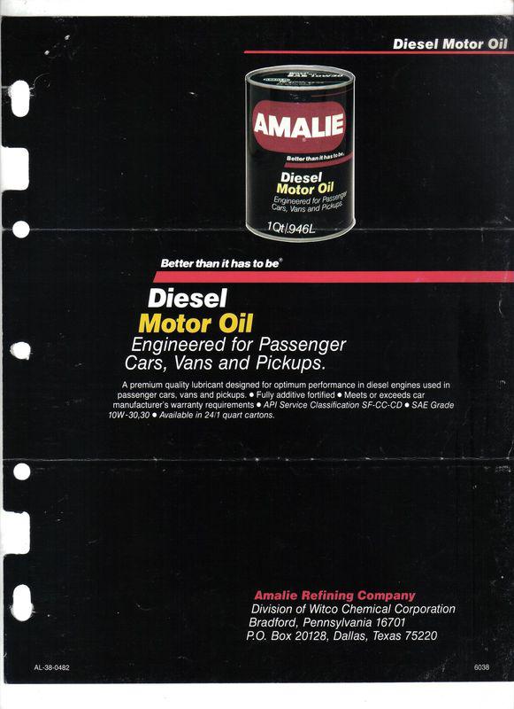 Witco corp amalie motor oil diesel engineered for passenger cars sheet 80 years 