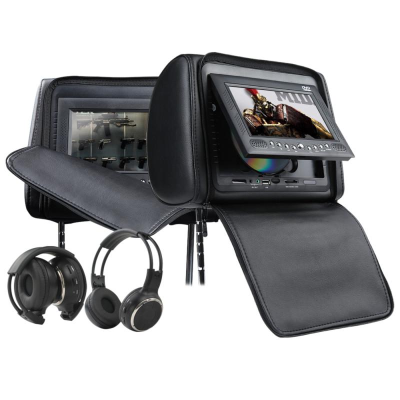 Pair of 7" car lcd black zipper headrest screen dvd player speaker ir headphone