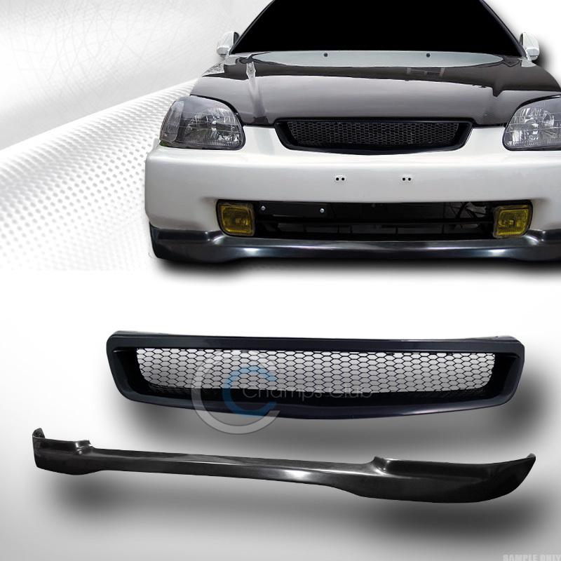 Black jtr pu front spoiler bumper lip kit+aluminum mesh grill grille 96-98 civic