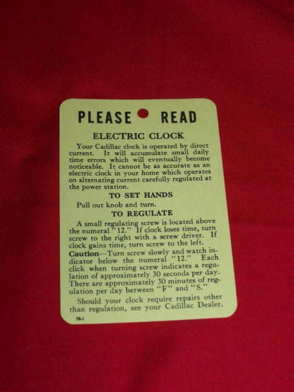 1939 - 1959 cadillac electronic clock instruction tag