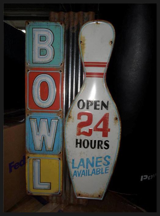Large vintage bowling alley metal sign "bowl open 24 hours lanes available"