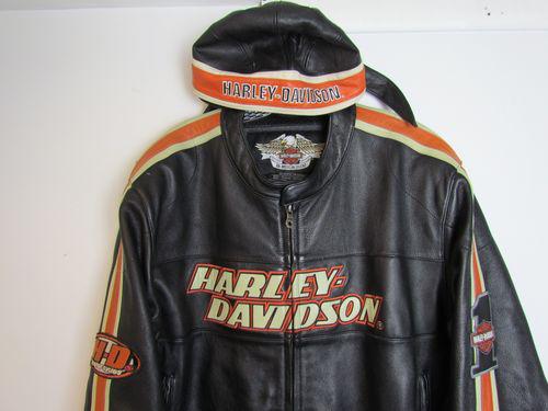 Vtg harley davidson leather jacket & skull cap ~ men's classic black & orange xl