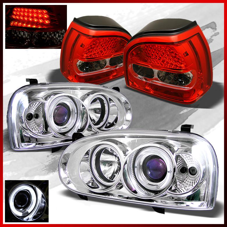 93-98 golf iii mk3 chrome halo projector headlights+red clear led tail lights