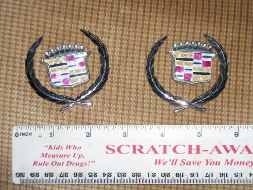 2 cadillac deville chrome silver metal rear pillar wreath &amp; crest roof emblems