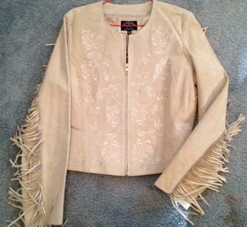 Ladies women's embroidered rose suede leather fringe jacket beige tan size xl
