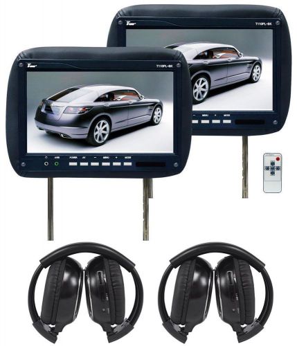 Pair of tview t110pl-black 11.2&#034; headrest car monitors + 2 wireless headphones