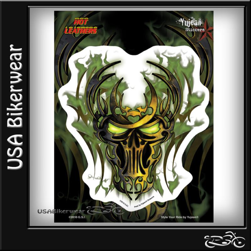 ~+biker $10 6.25" x 5.5" green death terror skull tank window decal sticker+~