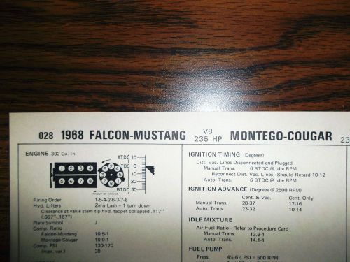 1968 ford falcon mustang &amp; mercury montego cougar 302 v8 ci 4bbl tune up chart