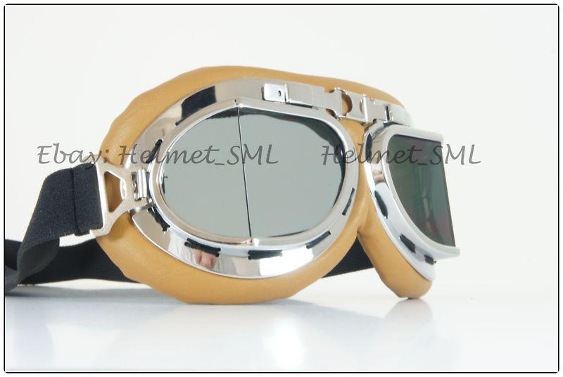 Wwii pilot goggle smokey lens silver chrome frame for motorcycle helmet