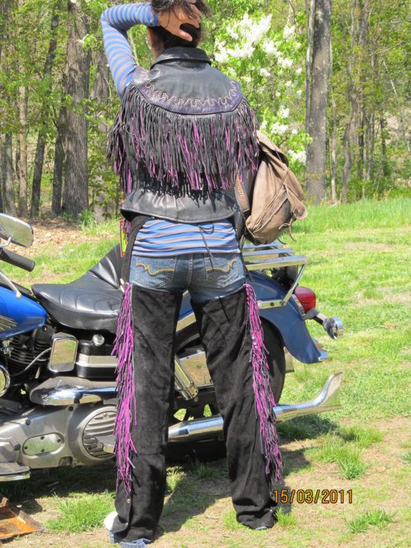 Women's small suede chaps w/ purple & black fringe bone design  brand new