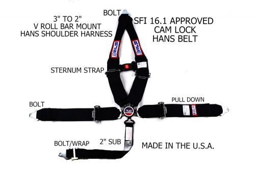Rjs sfi 16.1 5pt hans cam lock v roll bar mount sternum strap belt black 1050901