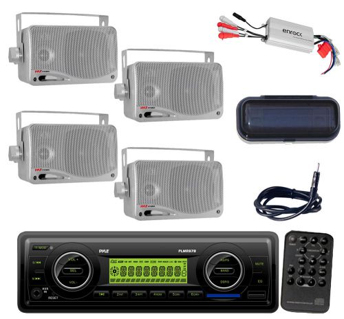 New marine wb aux am/fm radio + 800w amp,4 silver mini speakers,cover,antenna
