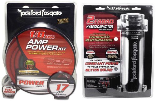 Rockford fosgate rfk1 1/0 gauge ofc amp kit+rfc2d 2 farad capacitor w/ meter