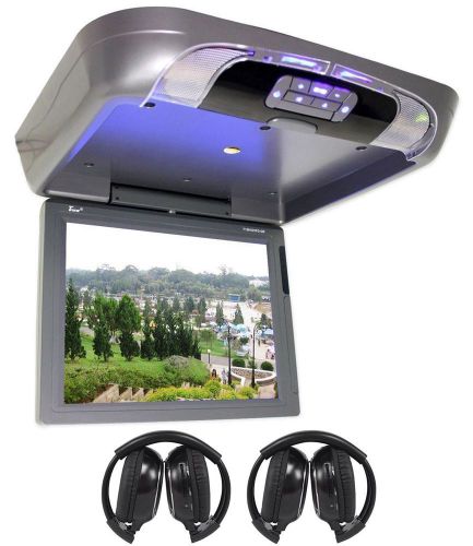 Tview t1591dvfd 15&#034; flip down dvd/usb/sd car monitor + 2 wireless headsets