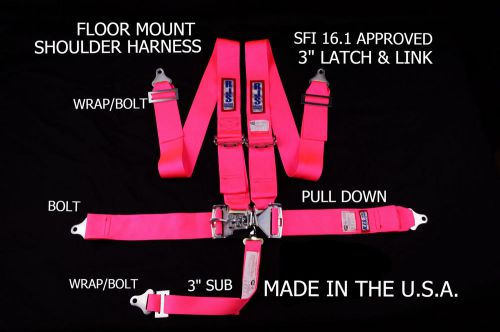 Rjs racing sfi 16.1 5 pt latch &amp; link floor mount harness belt hot pink 1130210