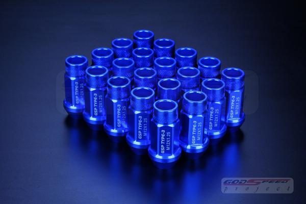 Godspeed type-3 wheel rim racing cnc lug nuts 50mm 20 pcs m12 x 1.25mm - blue