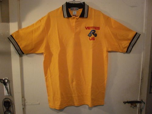 Vettes r us - men&#039;s polo shirt, yellow w/checkered flag -jerzees sz m - corvette