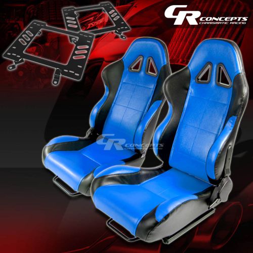 Reclining type-5 racing seat black blue woven x2+bracket for 79-98 mustang