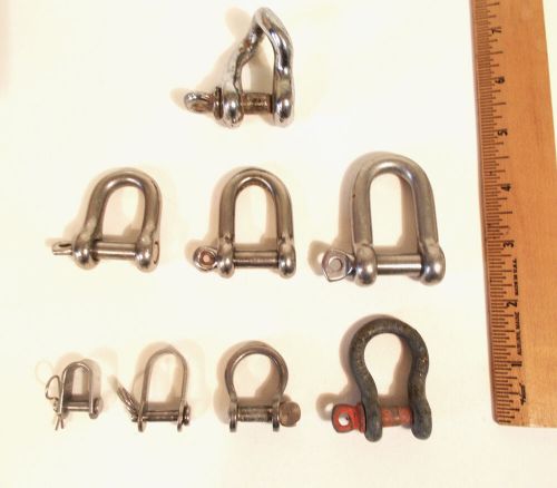 Seven 'd' &amp; one bow sailboat rigging shackles, 7 stainless steel &amp; 1 galvanized