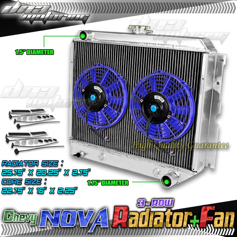 Tri core full aluminum radiator+2 x 9" blue fans 62-67 chevrolet chevy ii/nova