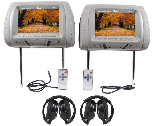 Tview pair of t726pl-gr 7&#034; grey lcd car headrest monitors + 2 wireless headsets