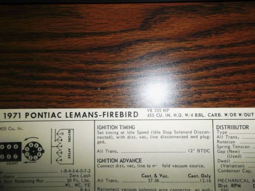 1971 pontiac eight series lemans firebird 335hp ho 455 ci v8 4bbl tune up chart