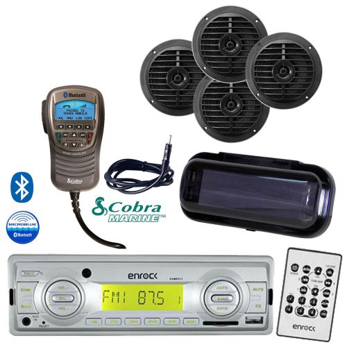 6.5&#034; marine black speakers, am fm aux usb radio,antenna,cover, bluetooth handset