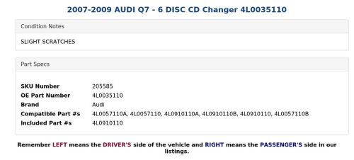 2007-2009 AUDI Q7 - 6 DISC CD Changer 4L0035110, US $74.79, image 3