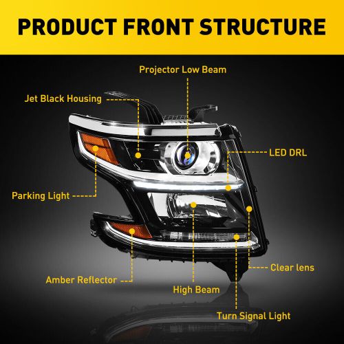 For 2015-2020 Chevy Suburban Tahoe DRL Projector Headlights Lamps LH & RH Black, US $292.99, image 2